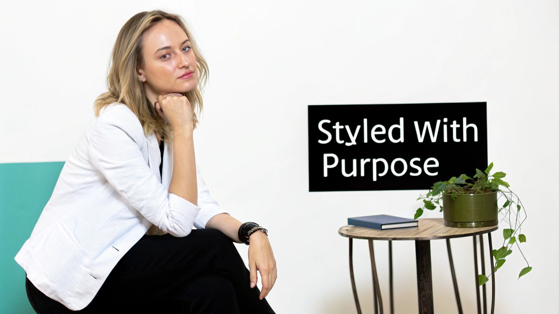 A professional woman in a white blazer sits, looking at the camera, next to a "Styled With Purpose" sign.