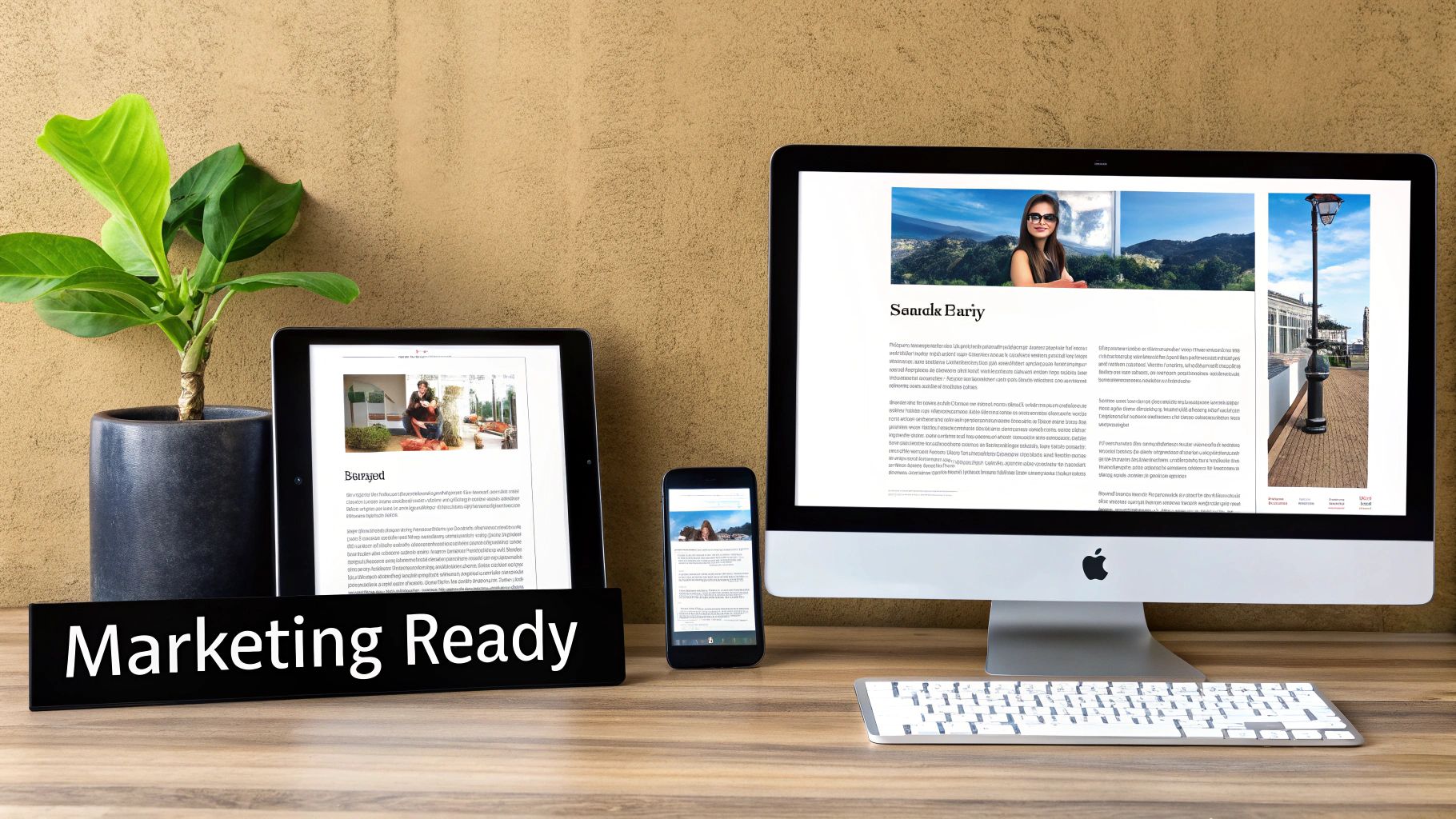A desk with a plant, tablet, smartphone, and desktop computer displaying web content, ready for marketing.