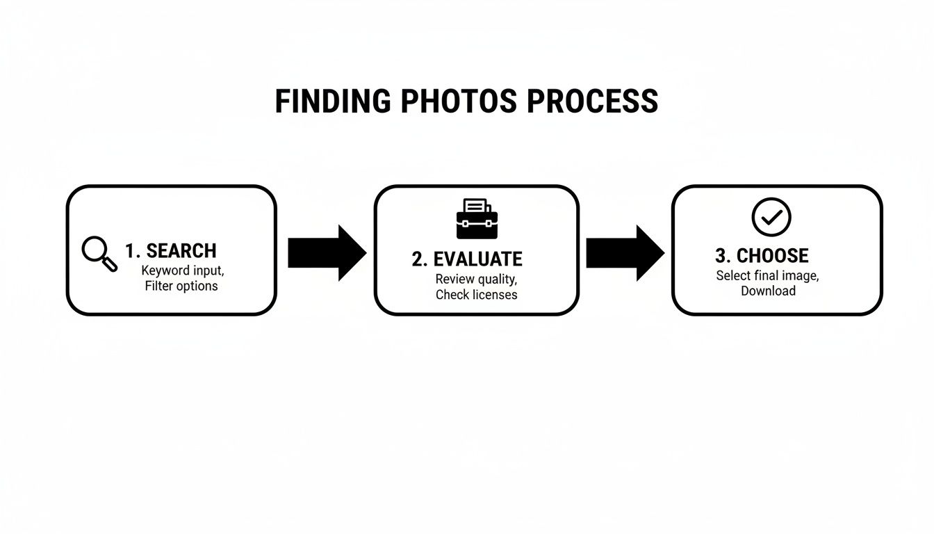 A flowchart illustrating a 3-step process for finding photos: search, evaluate, and choose.