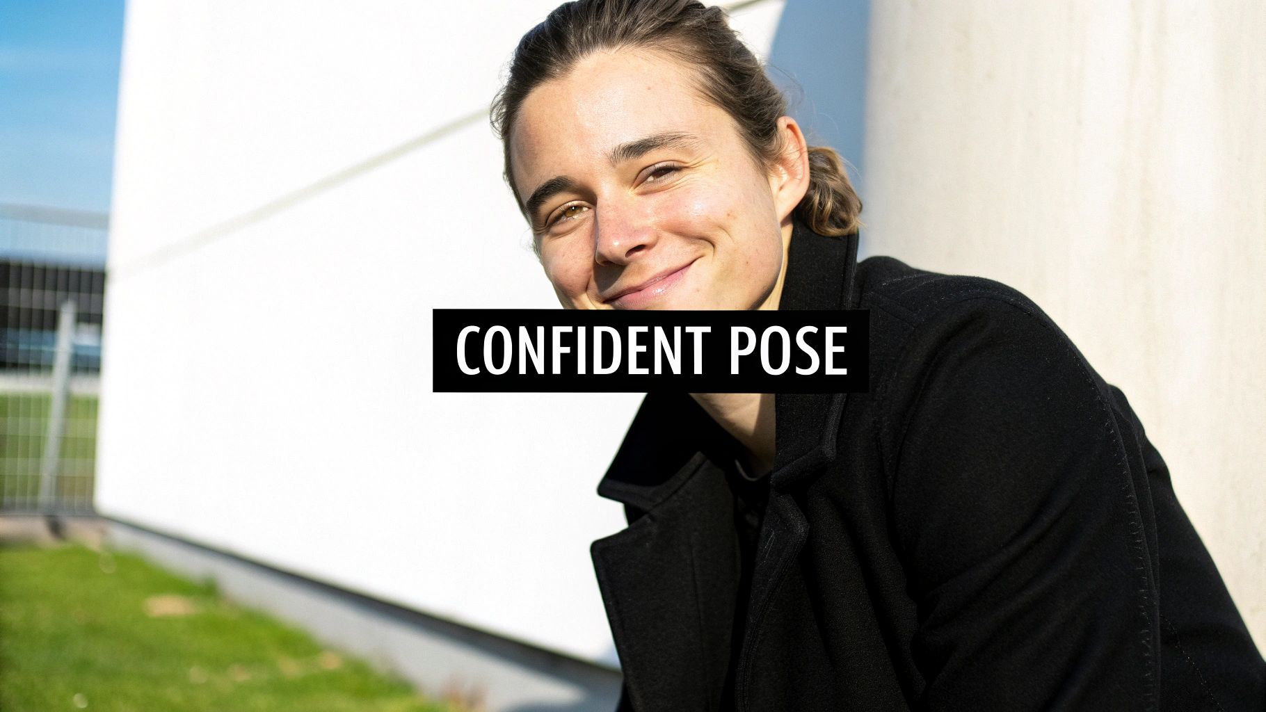 A smiling person in a black coat with a confident expression against a white wall and green grass.