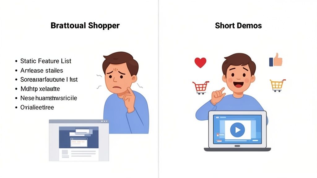Comparison of a confused shopper looking at a feature list versus a happy one watching short product demos.
