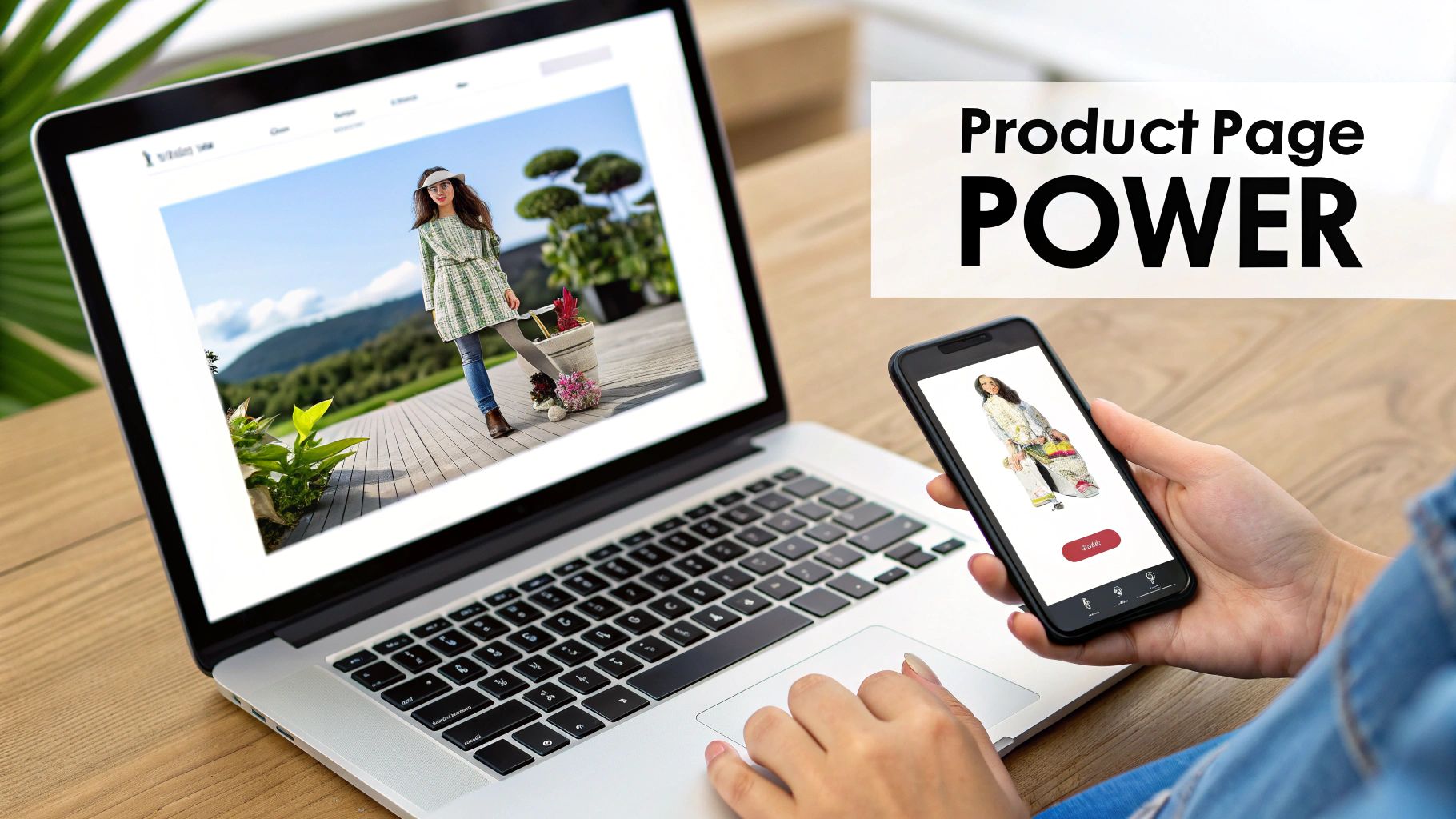 Une personne consultent des pages produits sur un ordinateur portable et un smartphone, démontrant la présentation des produits en e-commerce.
