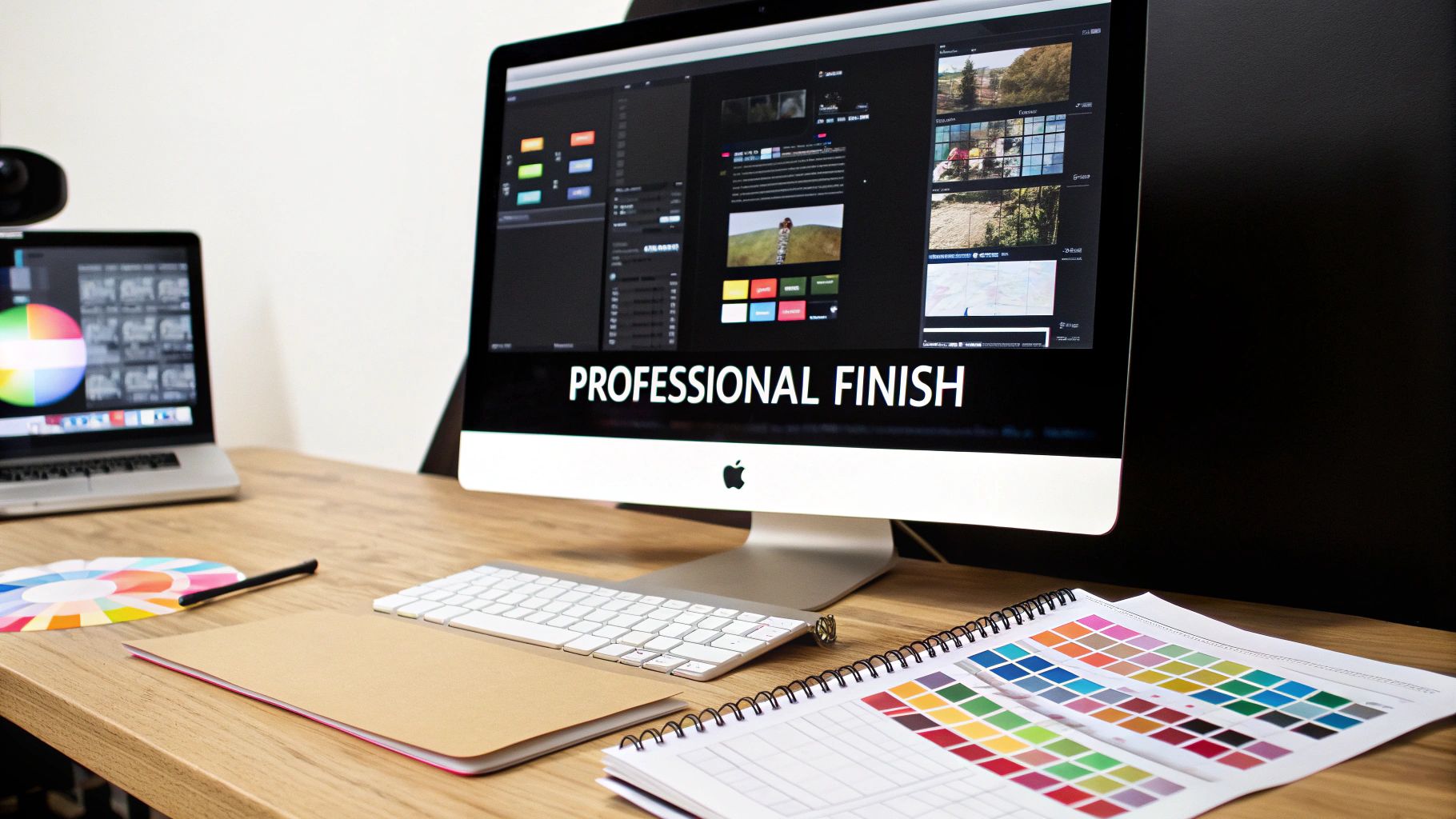 A professional creative workspace with an Apple iMac and MacBook, displaying design software and color tools.