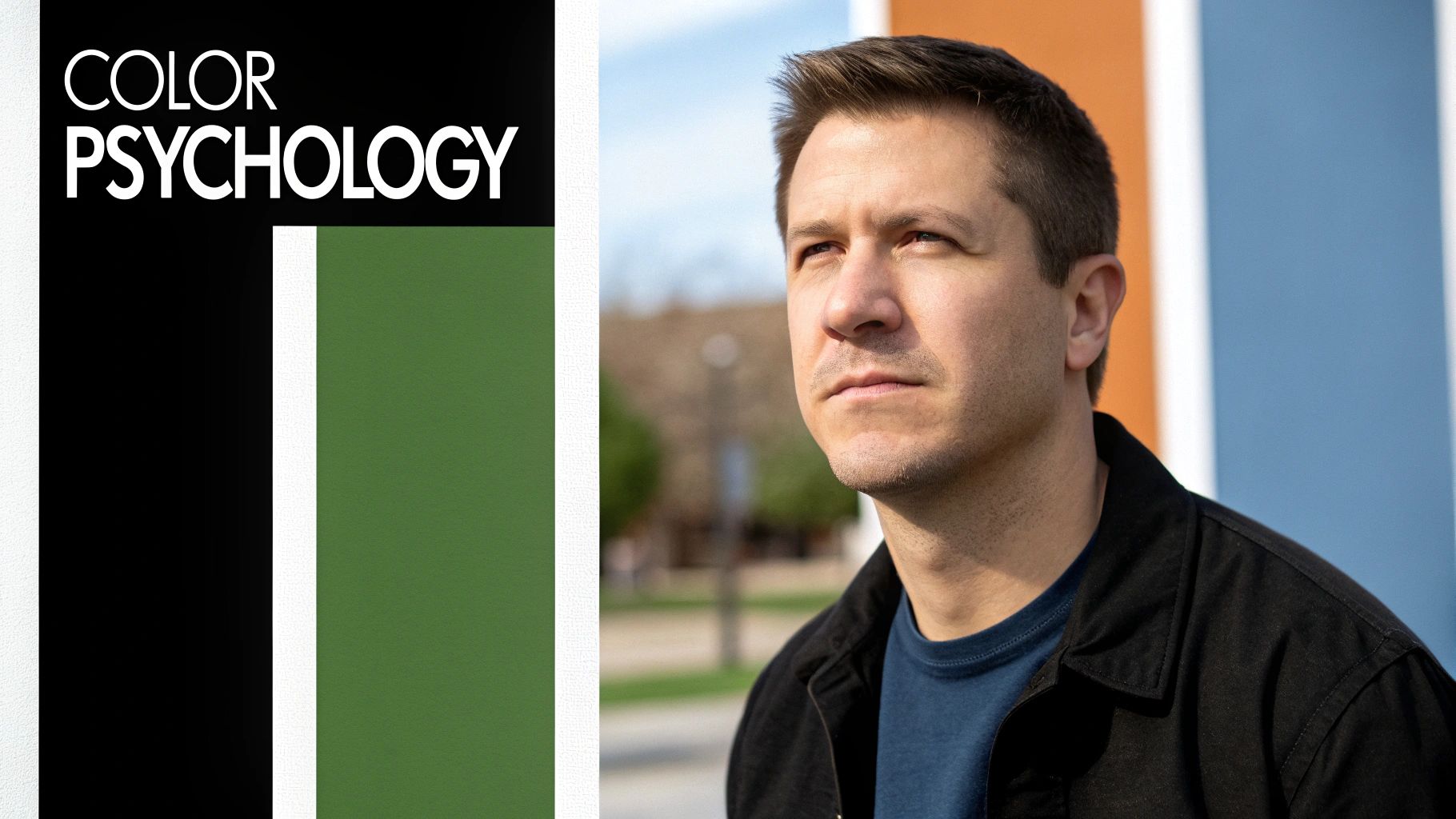 考え込む男性のプロフィール、背景に「色彩心理学」のグラフィックとぼかされた屋外風景。
