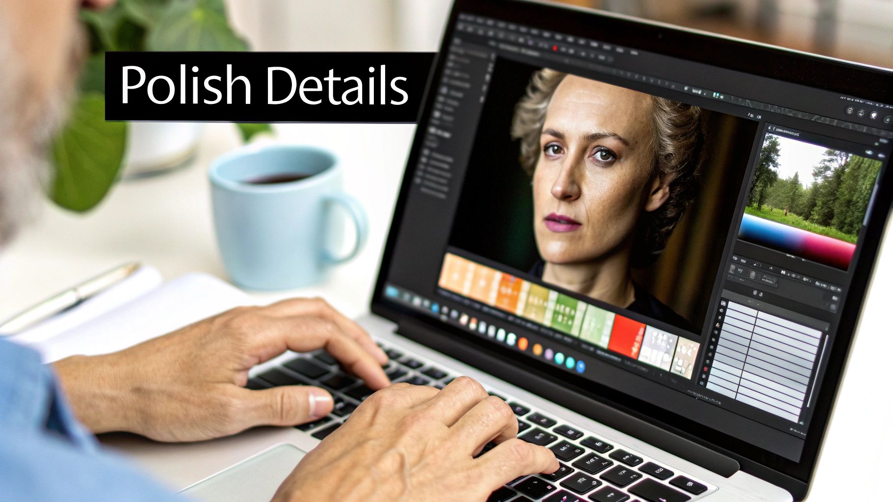 Hände einer Person, die auf einem Laptop tippen und ein Porträt sowie eine Landschaftsfotografie in einer Bildbearbeitungssoftware bearbeiten.