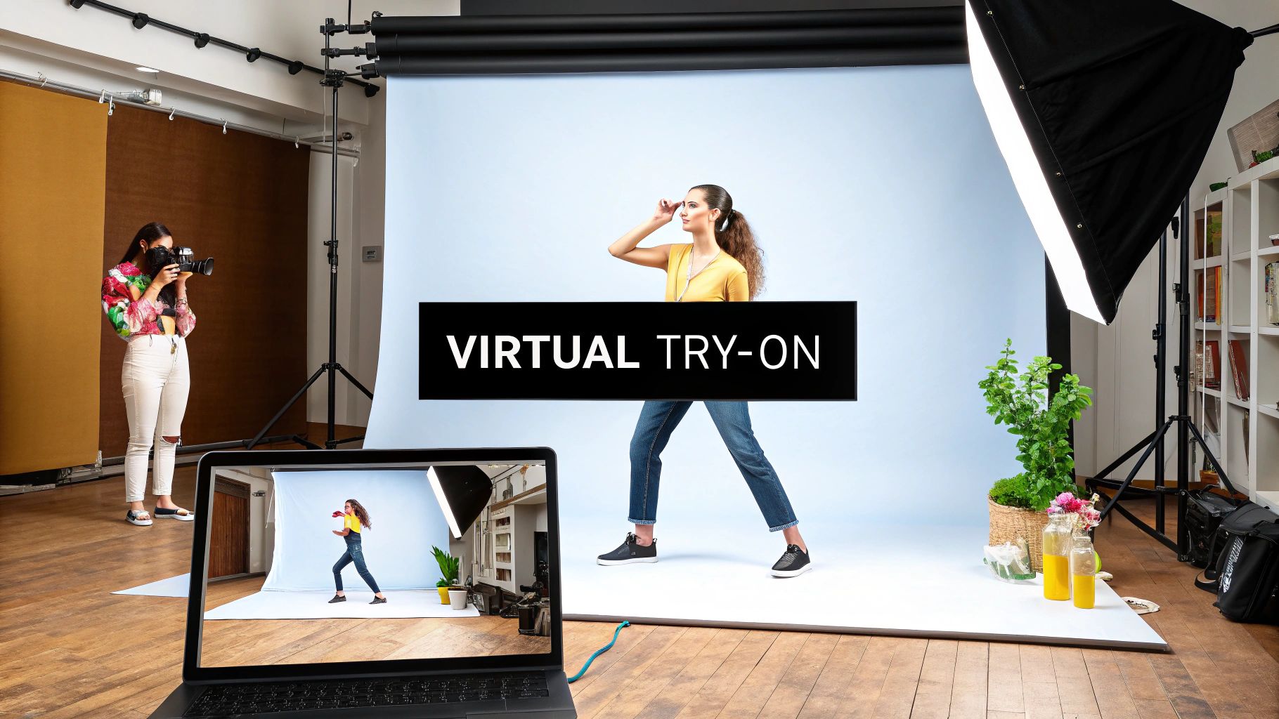 摄影棚中模特摆姿势,摄影师和笔记本屏幕显示拍摄画面,画面包含‘VIRTUAL TRY-ON’字样