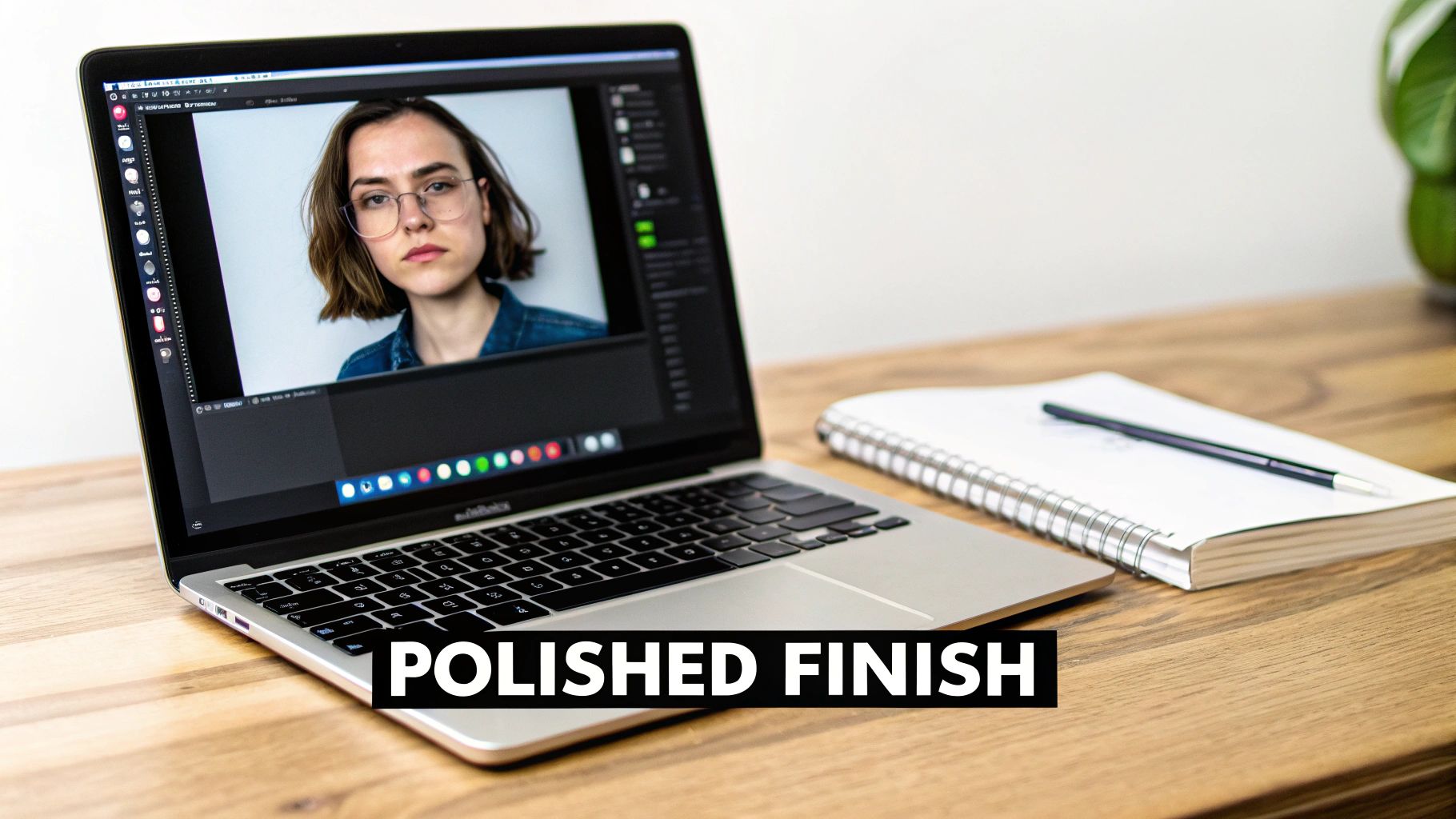 A MacBook Pro displays photo editing software with a woman's portrait, next to a notebook.