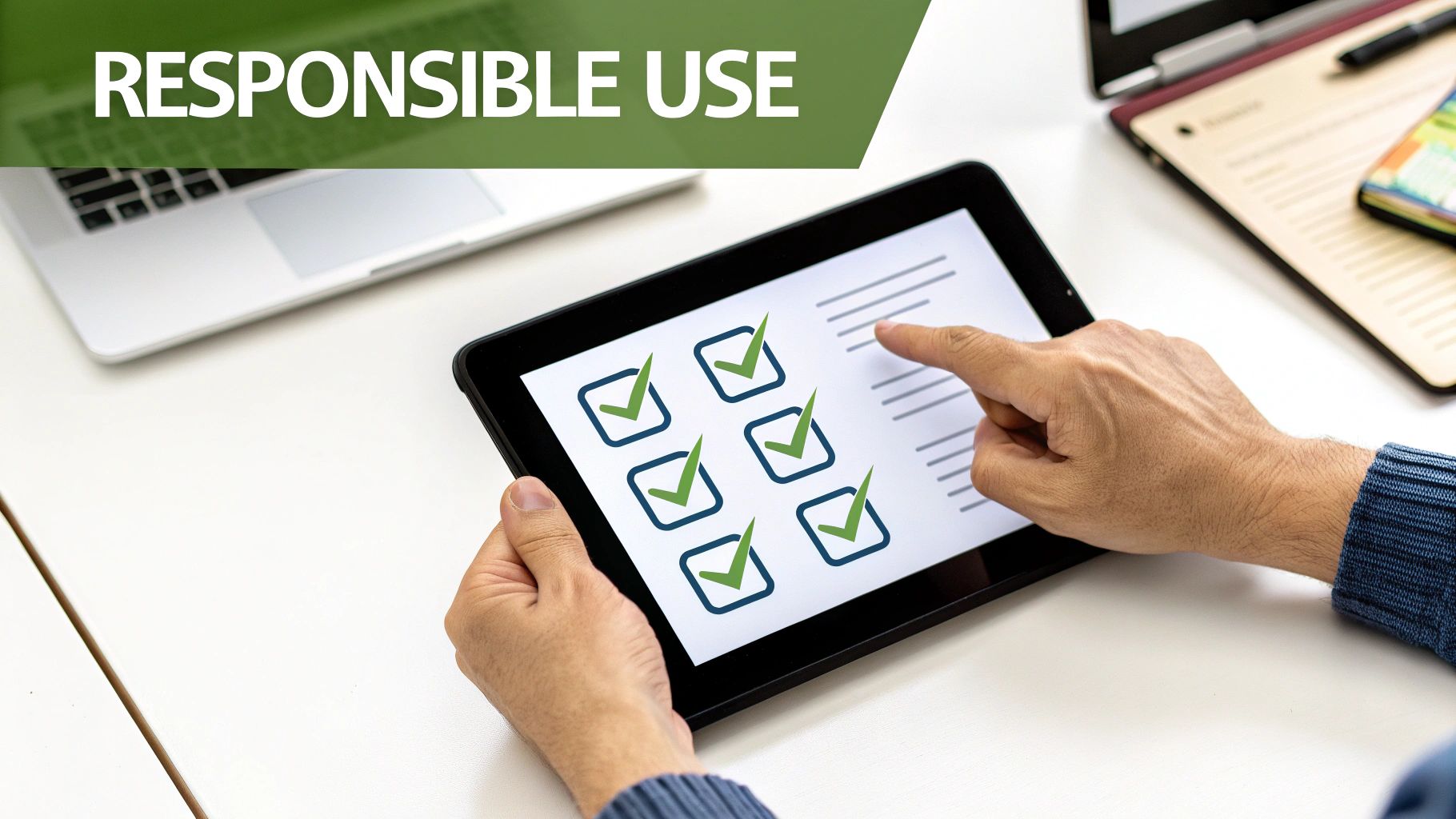 Close-up of hands using a tablet displaying a checklist with checkmarks, promoting responsible use.