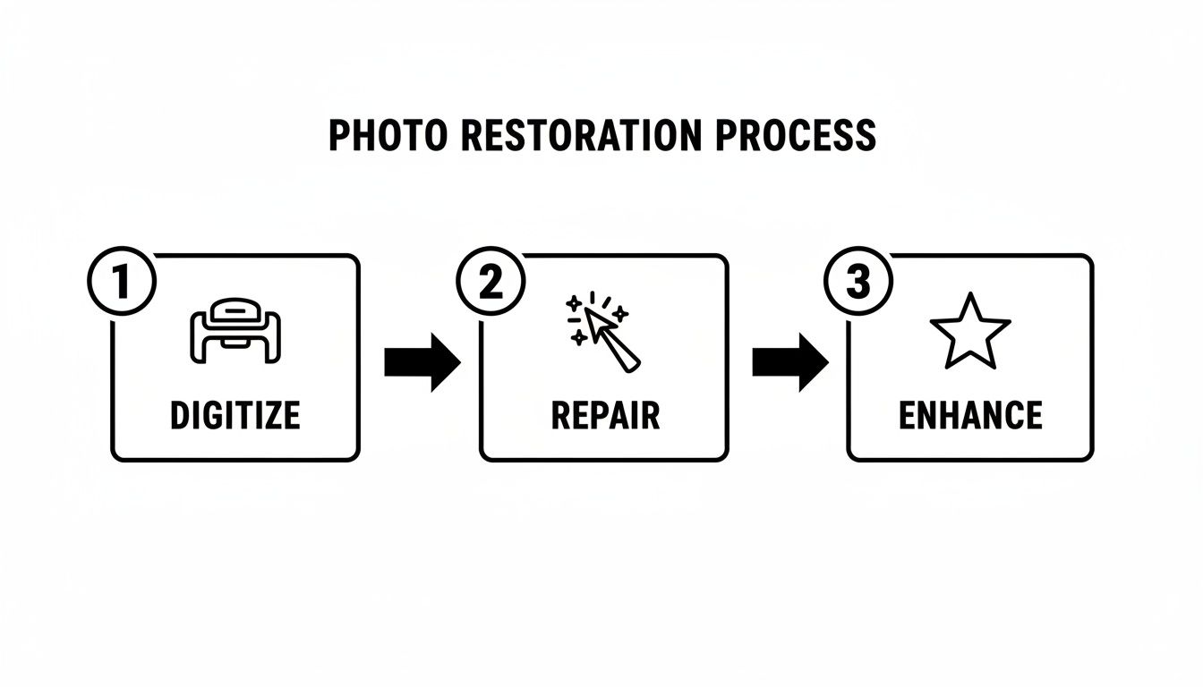 A three-step photo restoration process flowchart showing digitize, repair, and enhance stages with icons.