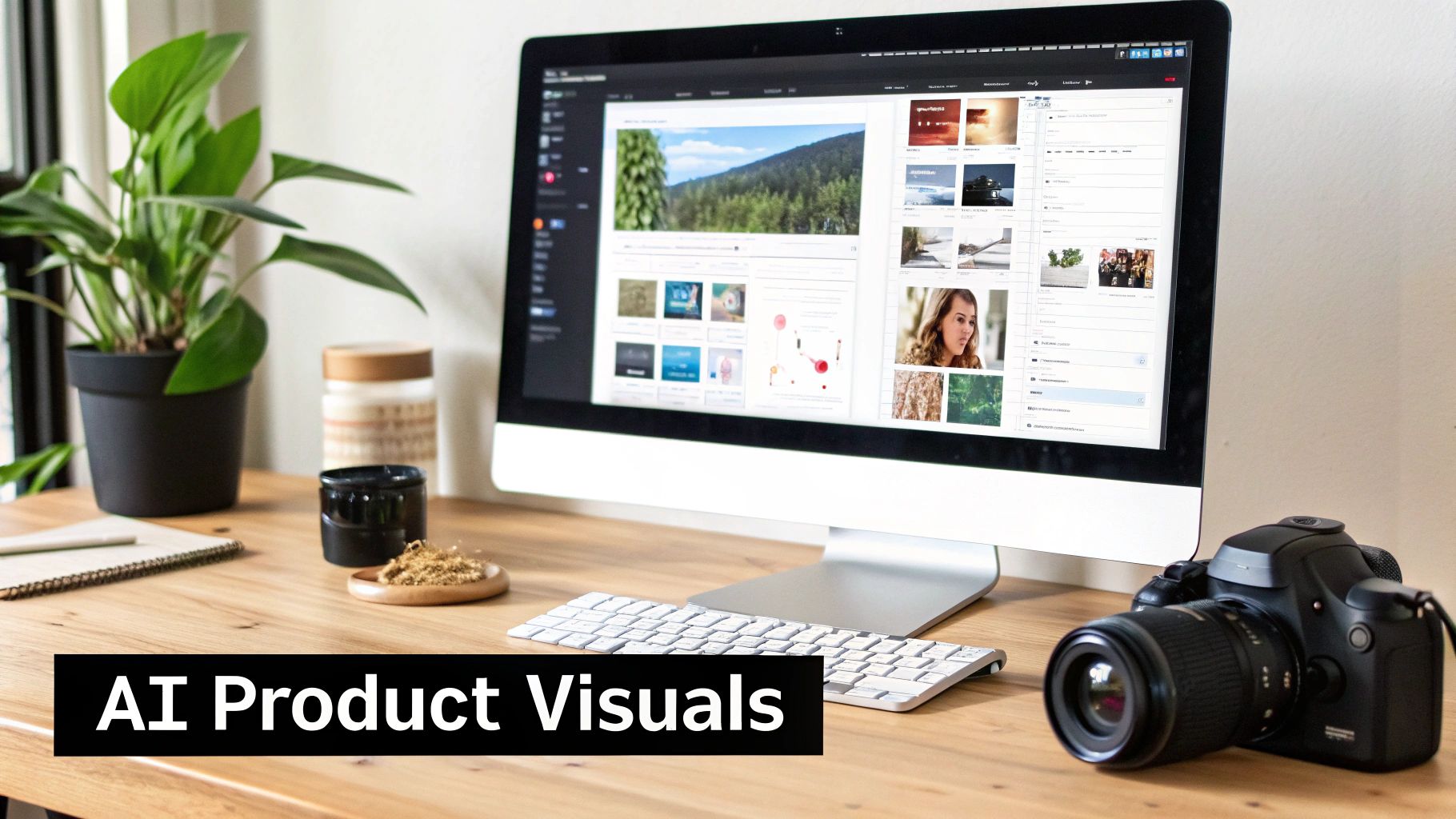 Un espace de travail de bureau moderne avec un ordinateur affichant diverses images, un appareil photo, un clavier et une plante en pot.