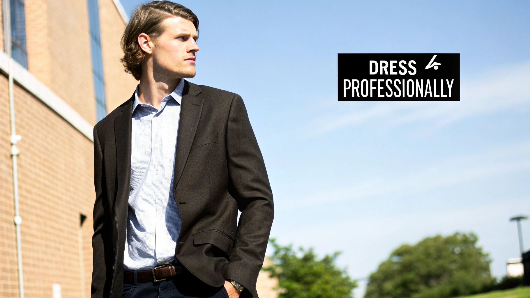 Ein Mann mit dunklem Blazer und blau gemustertem Hemd steht draußen mit der Einblendung 'DRESS PROFESSIONALLY'.