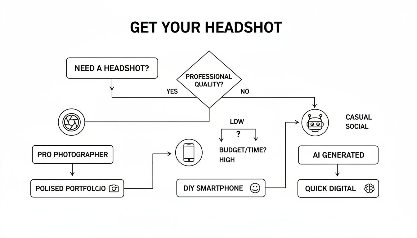 Flowchart titled 'Get Your Headshot' guiding users through options for obtaining headshots based on quality and budget.