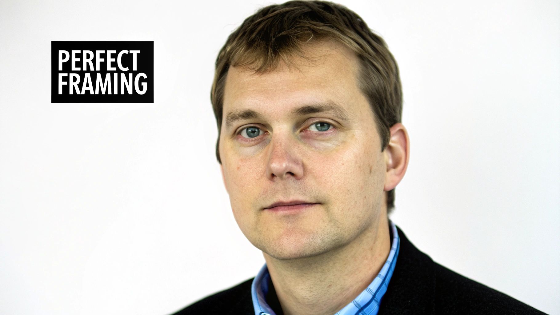 Professionelles Porträtfoto eines Mannes mit blauen Augen, braunen Haaren und Textüberlagerung 'PERFEKTES FRAMING'.