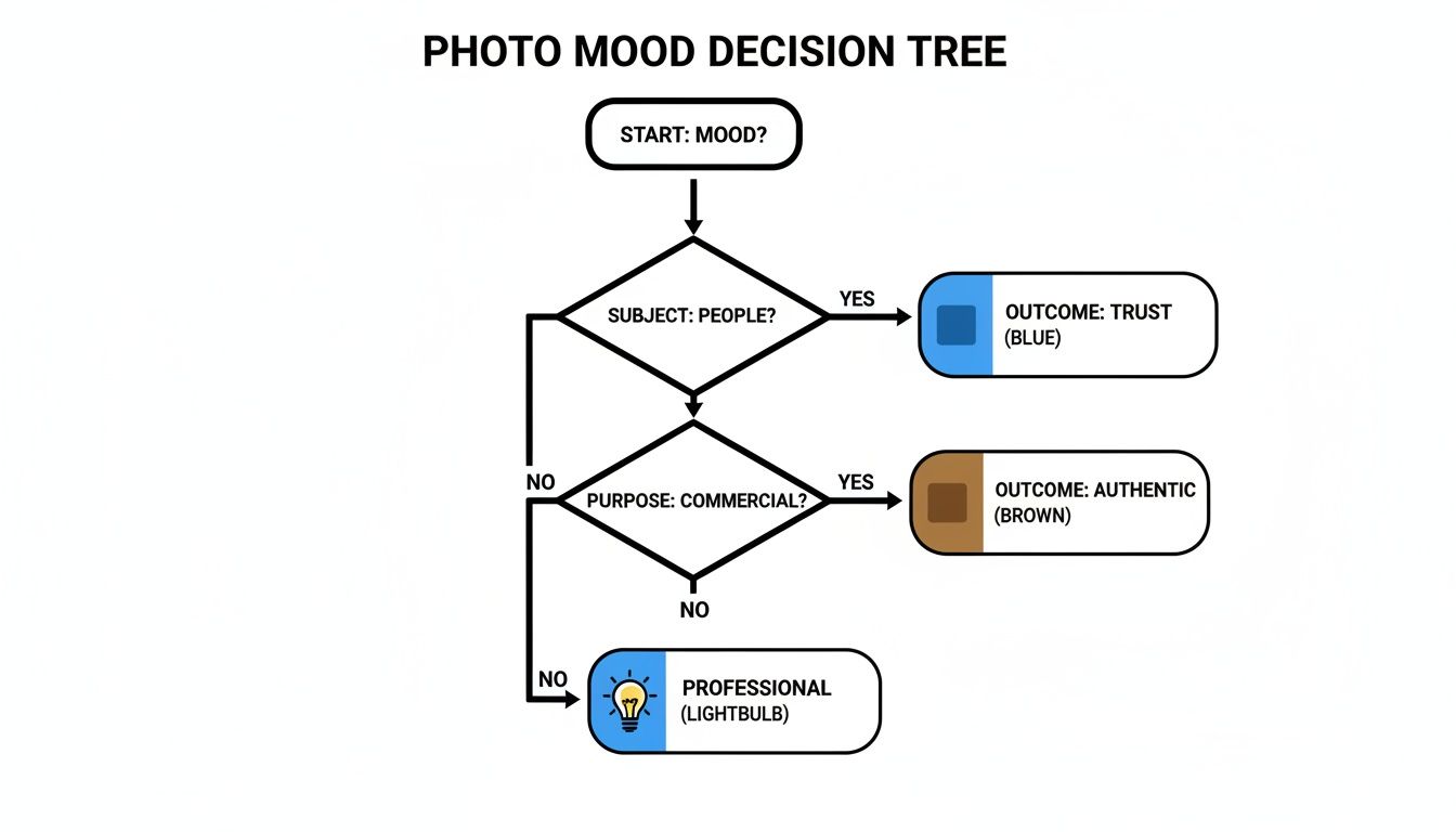 Photo Mood Decision Tree flowchart to determine image mood based on subject and purpose.