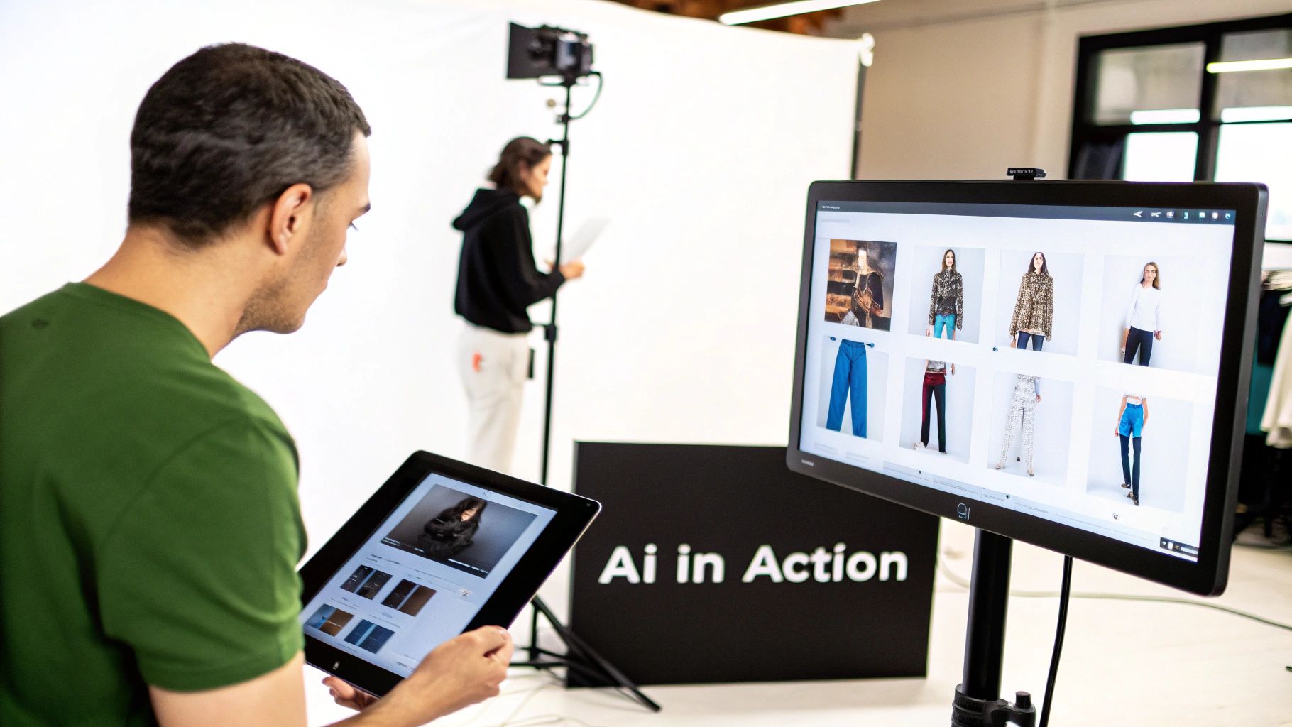 Man uses a tablet and monitors AI-powered fashion displays, with a photoshoot setup in the background.