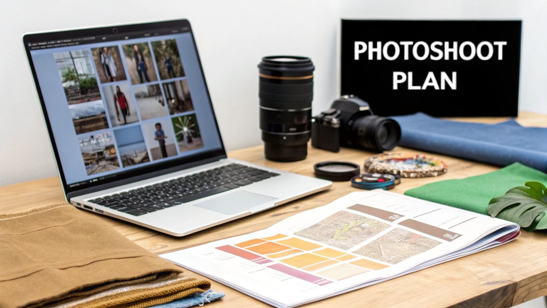 Una estación creativa con una laptop mostrando fotos, equipo de cámara y un cartel que dice 'PLAN DE SESIÓN'.