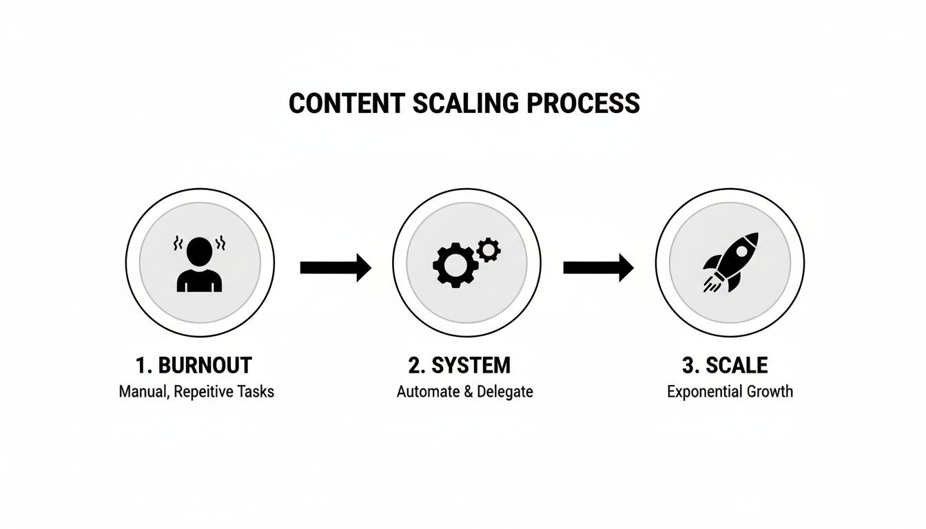 Une infographie en trois étapes décrivant le processus d'augmentation du contenu, du burn-out à la mise en œuvre du système pour une croissance exponentielle.