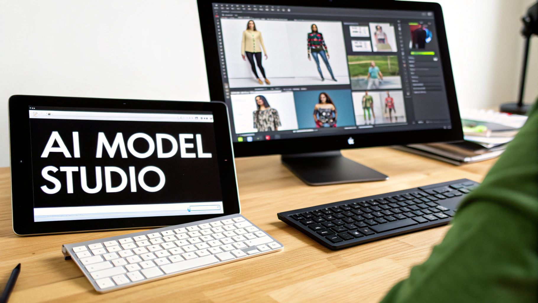 Un escritorio con una tableta que muestra 'ESTUDIO DE MODELO IA' y un monitor mostrando modelos de moda.