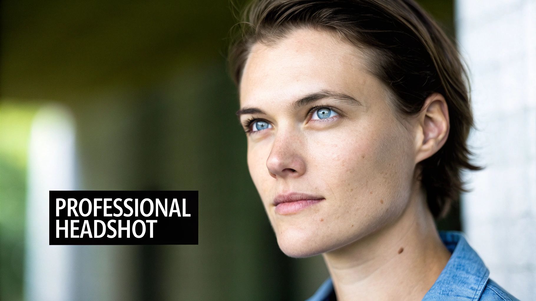 Ein professionelles Porträtfoto einer Person mit kurzen braunen Haaren und strahlend blauen Augen, die nachdenklich nach oben schaut. You can also check out our <a href=