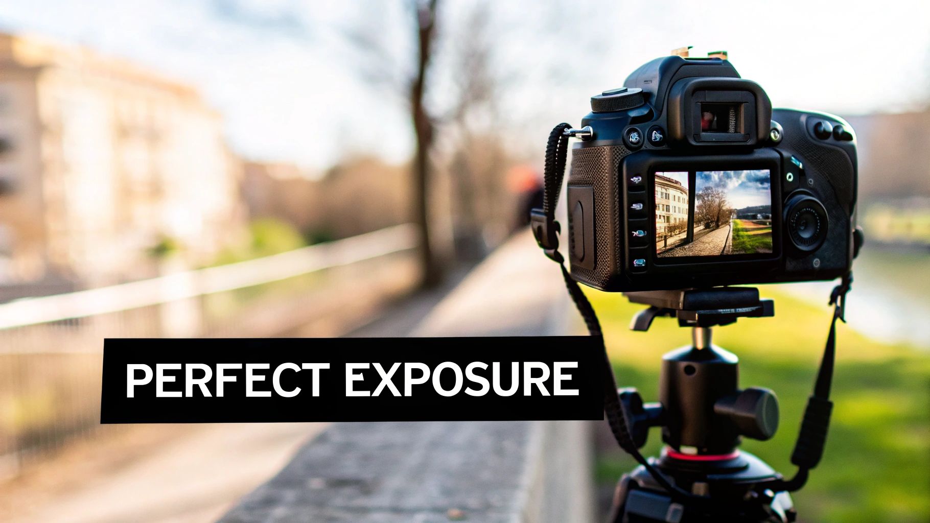 Appareil photo reflex sur trépied affichant une photo de paysage bien exposée, avec le texte 'PERFECT EXPOSURE'.