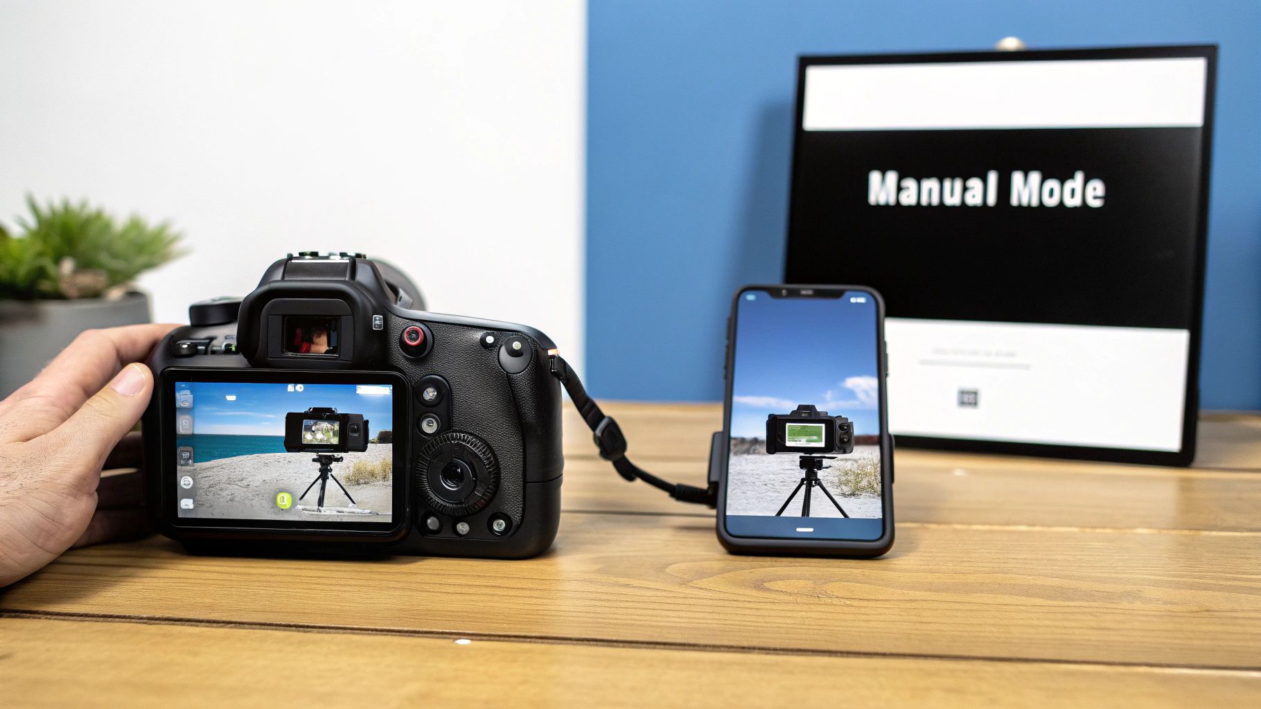 A hand holds a DSLR camera, connected to an iPhone, both displaying a recursive camera image on a beach.
