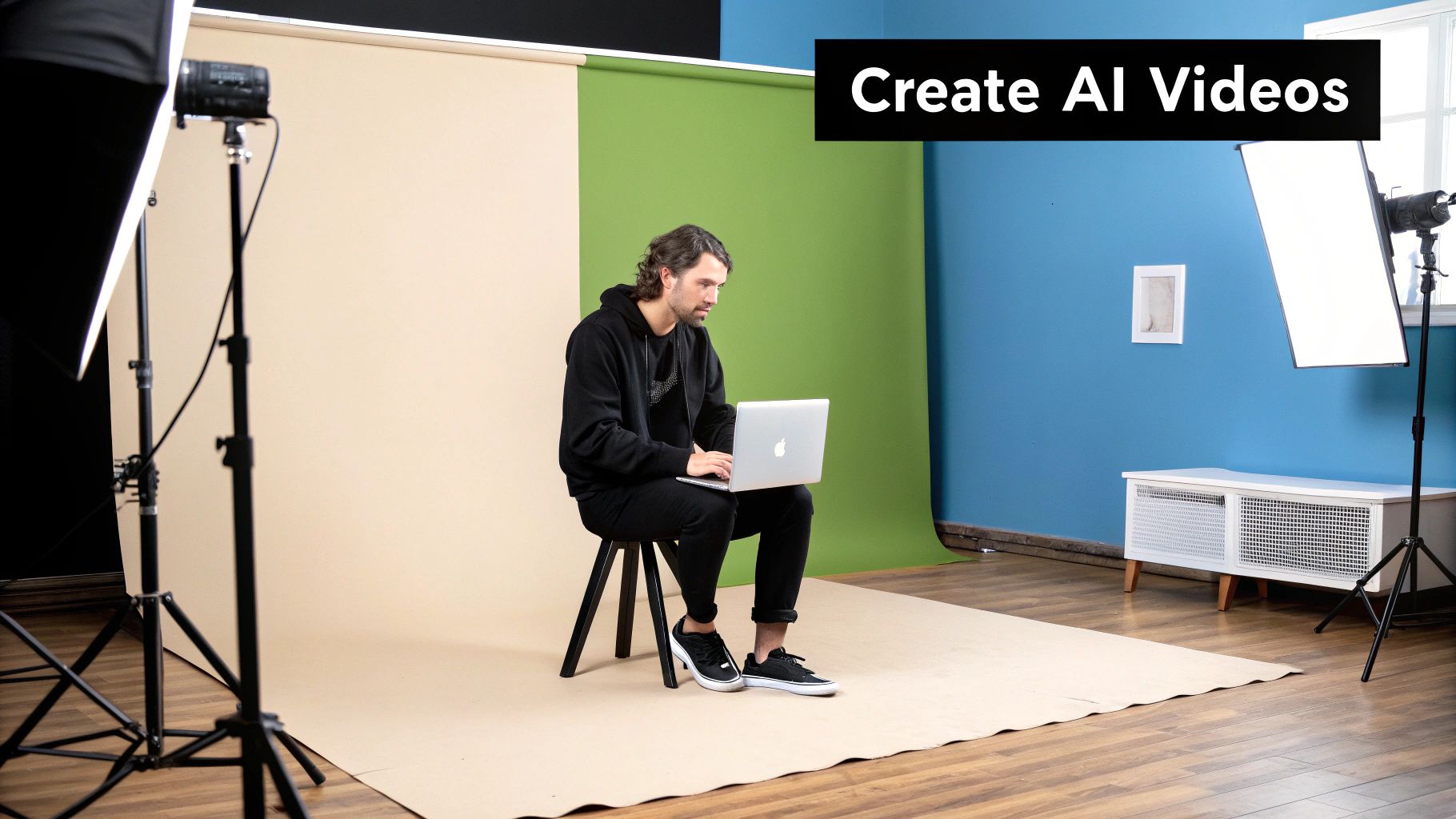 رجل يعمل على كمبيوتر محمول في استوديو تصوير بخلفيات بيج وخضراء، محاط بأضواء الاستوديو.