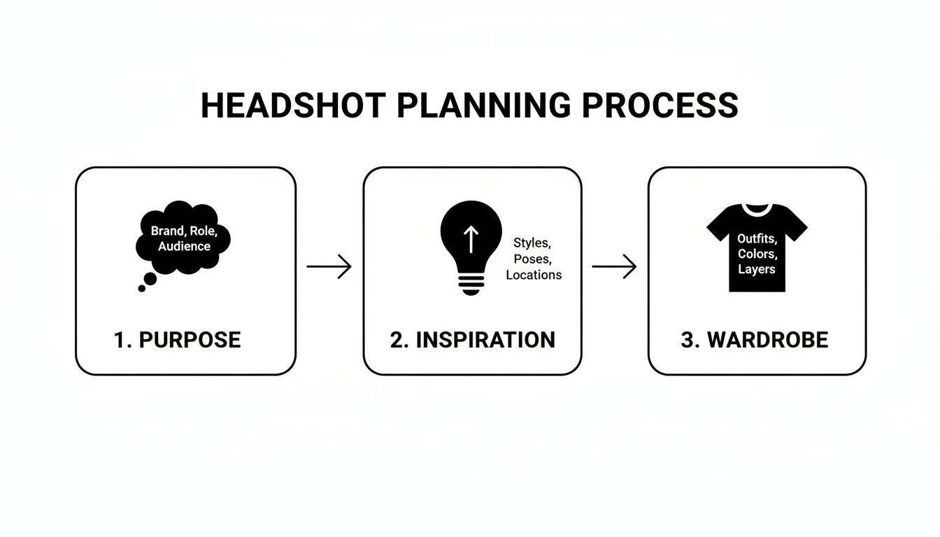 Ein einfaches Flussdiagramm zeigt den Planungsprozess für Portraitfotos, mit Fokus auf Zweck, Inspiration und Kleidung.