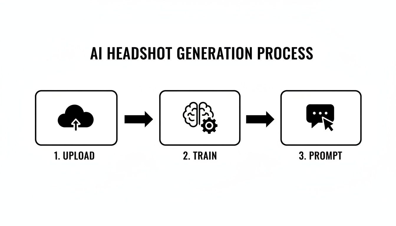Un diagramma in tre fasi illustra il processo di generazione di headshot AI: carica, allena e prompt.