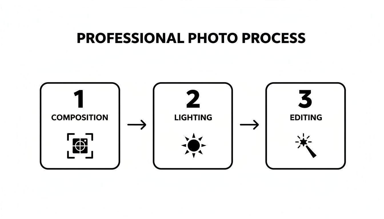 A clear diagram illustrating the three steps of a professional photo process: composition, lighting, and editing.