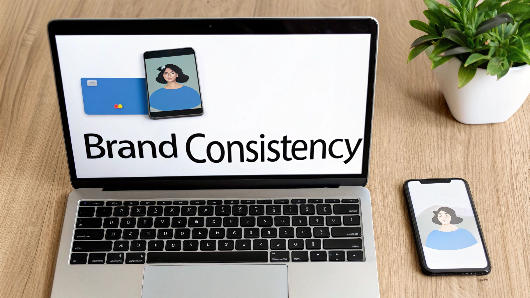 Laptop and smartphone displaying a consistent female avatar, a credit card, and the text 'Brand Consistency'.