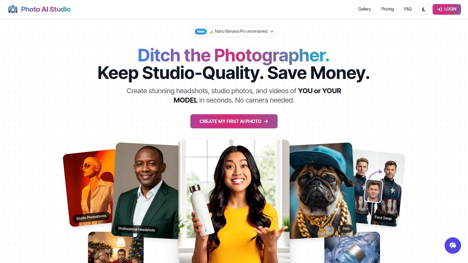 Ein Raster von KI-generierten Porträts erstellt von Photo AI Studio, die vielfältige Stile und hochwertige Ergebnisse zeigen.