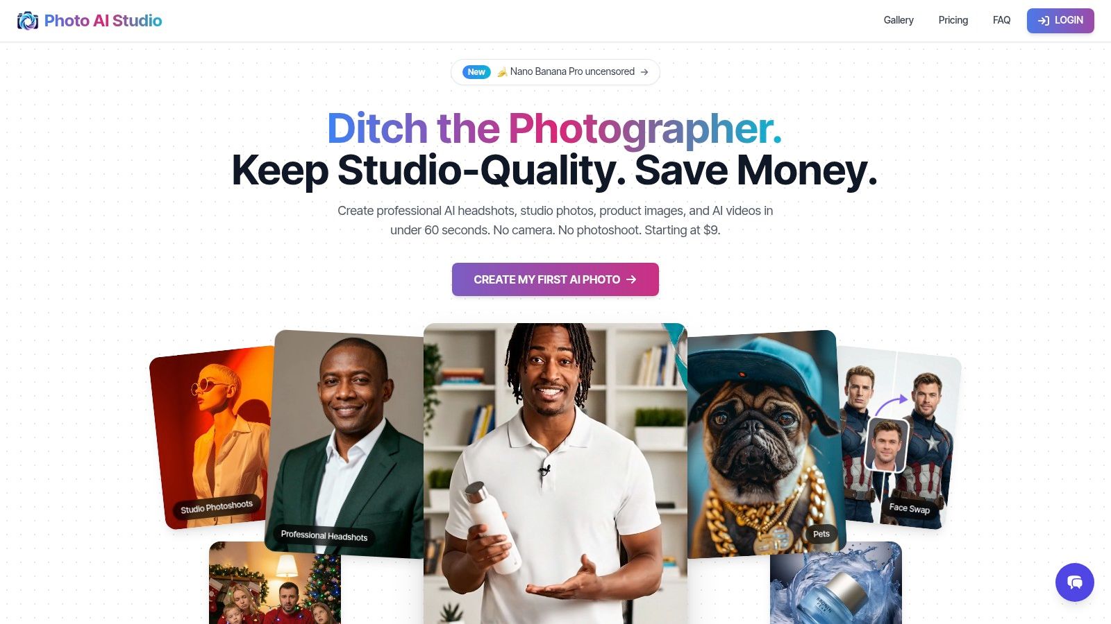 A grid of AI-generated headshots showcasing diverse styles and backgrounds from Photo AI Studio