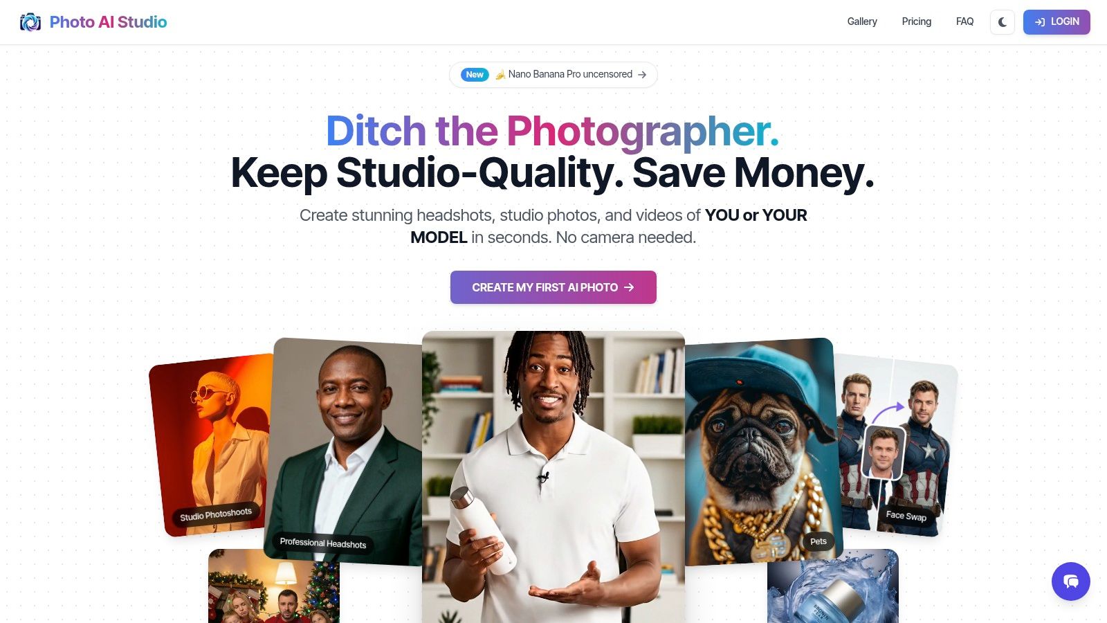 A grid of AI-generated YouTube thumbnails featuring a consistent male subject in various styles and settings, created with Photo AI Studio's thumbnail maker tool.