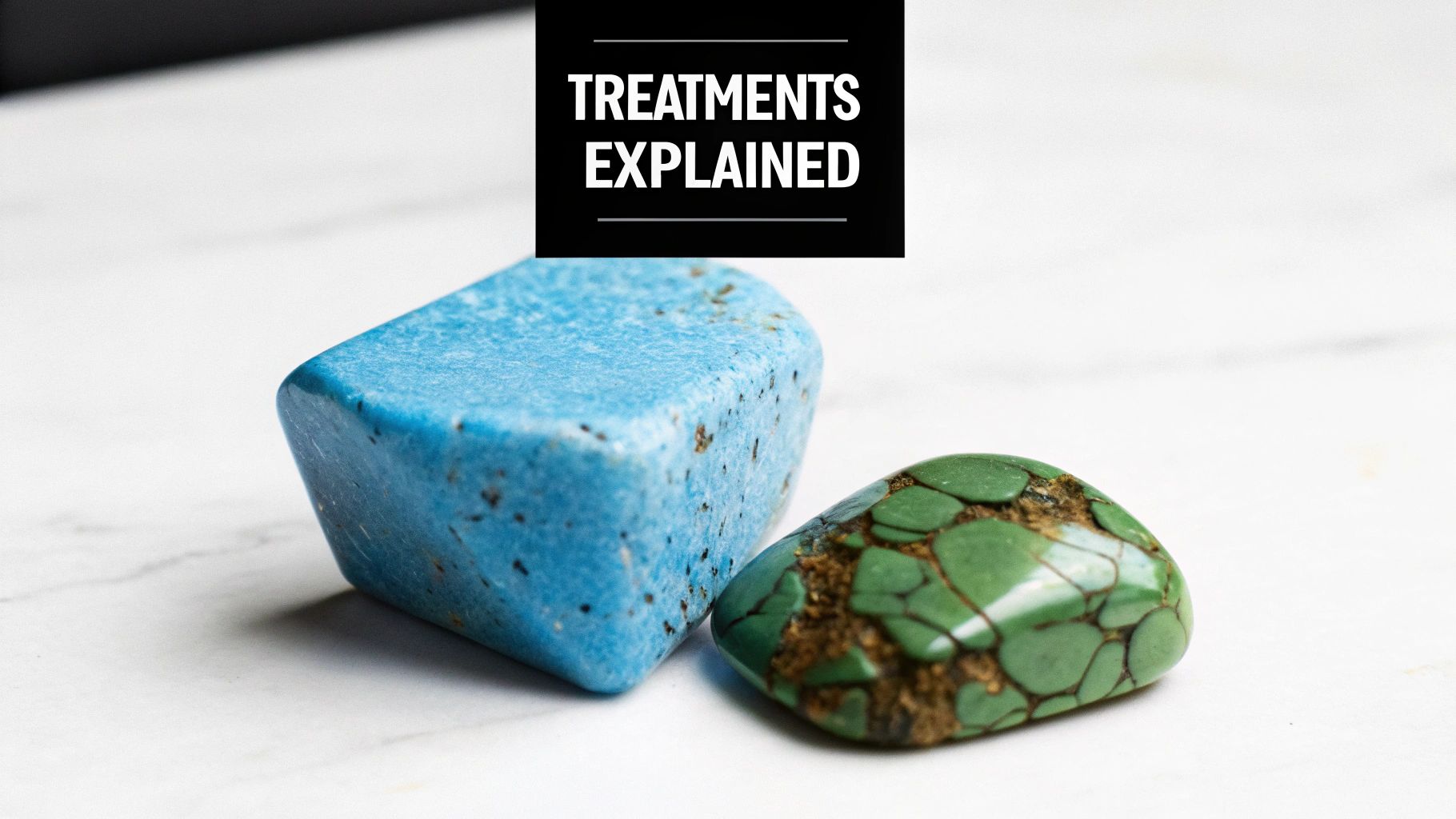 Two polished turquoise stones, one blue and one green, with text 'Treatments Explained' above.