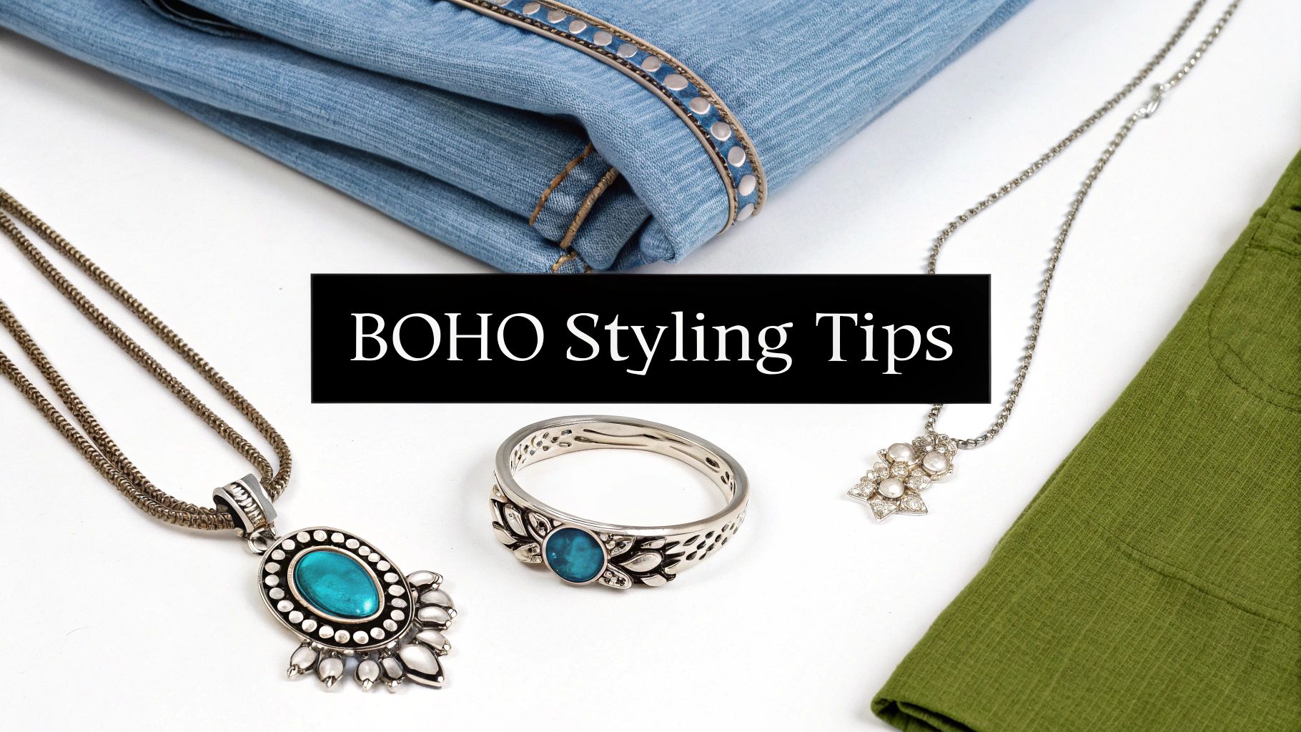 Boho styling tips featuring turquoise and silver necklaces, a ring, denim, and green fabric.