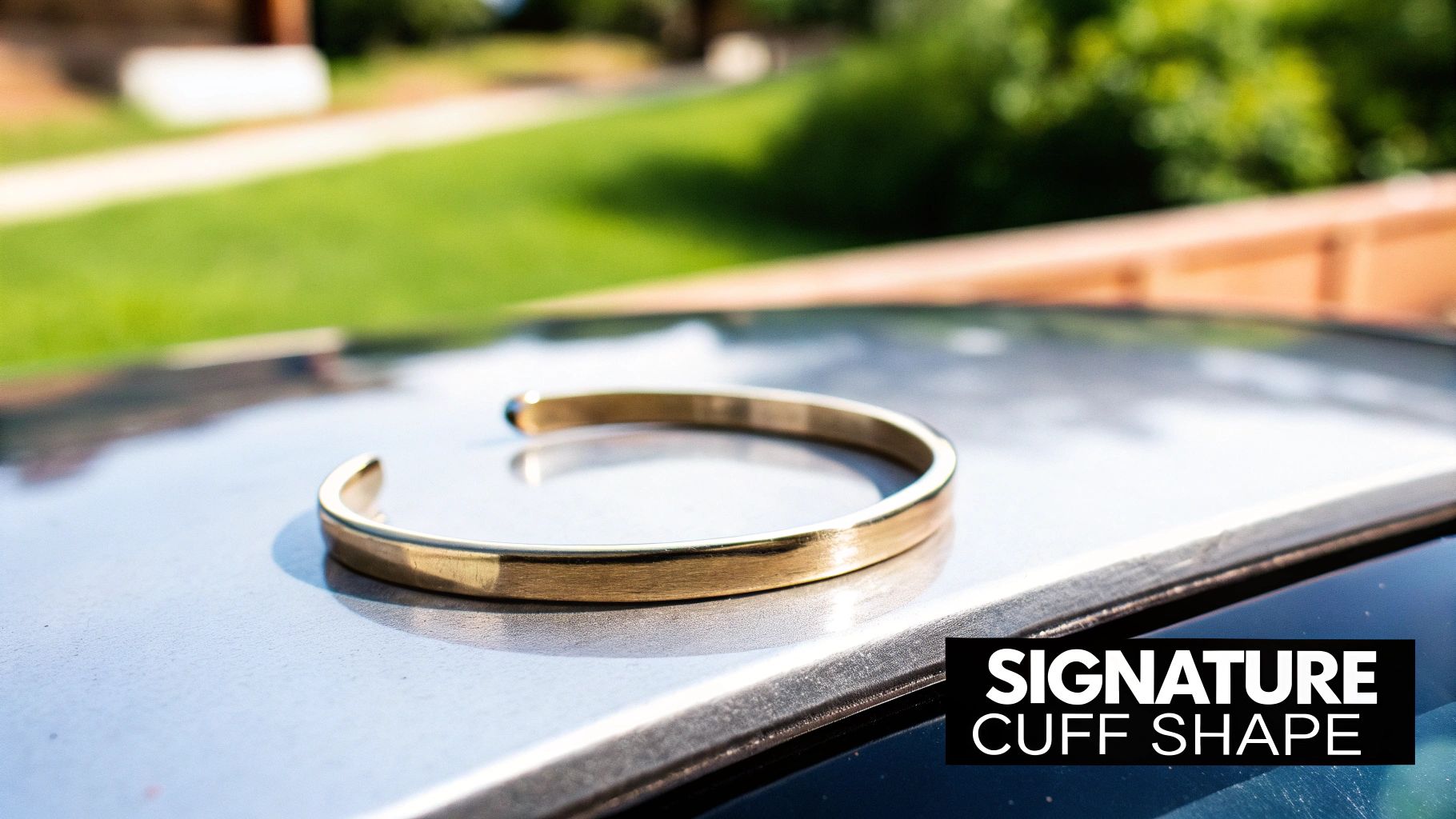 A shiny gold cuff bracelet with an open shape, resting on a metallic surface outdoors.
