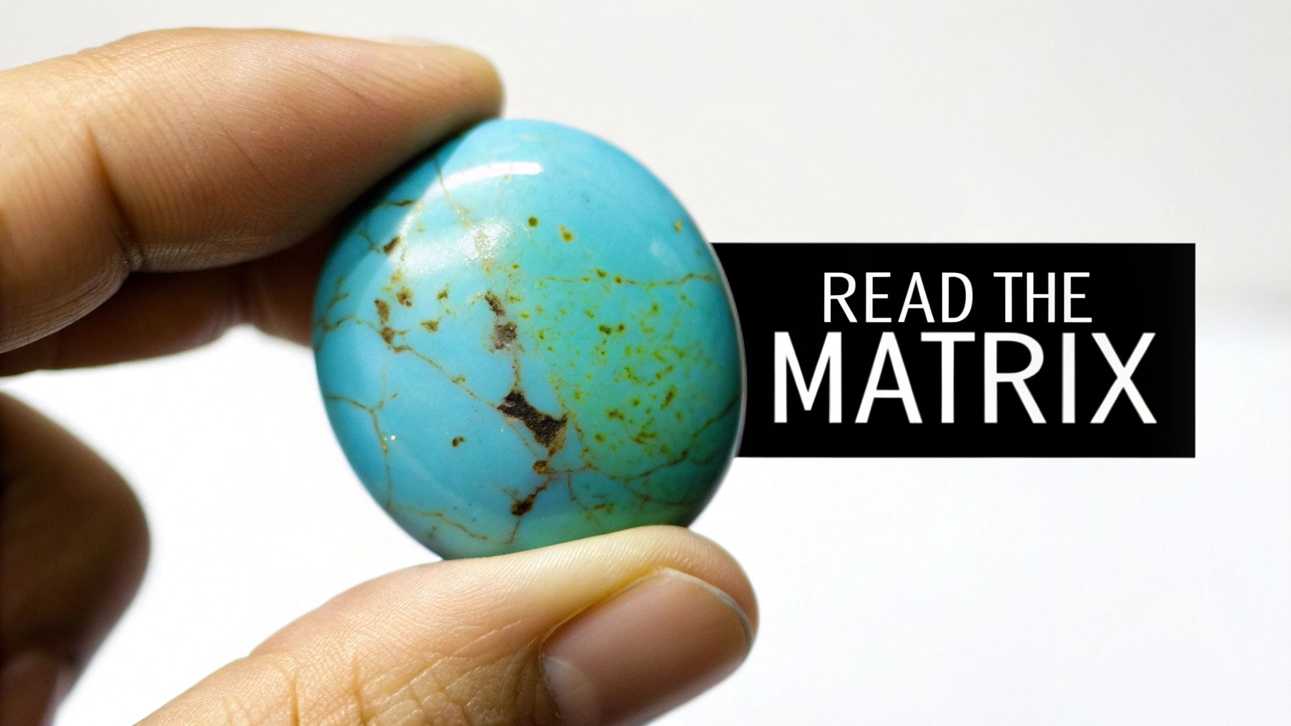 A hand holds a polished turquoise gemstone with brown matrixing, next to a black box with 'READ THE MATRIX' text.