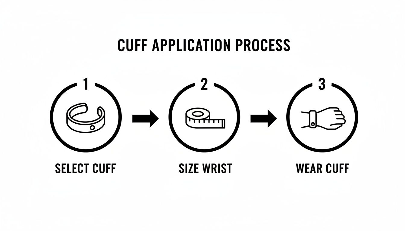 A three-step visual guide demonstrating the cuff bracelet application process: select, size, and wear.