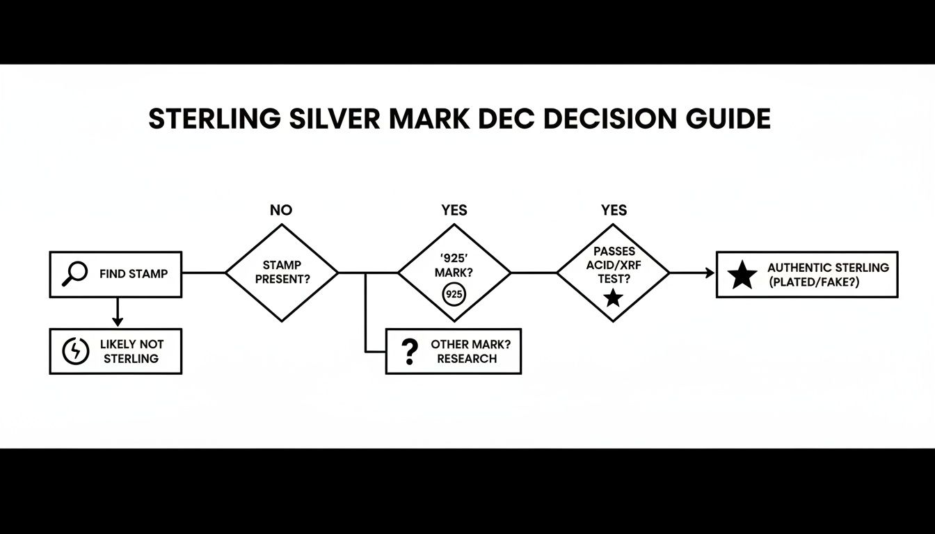 Flowchart guide to identify authentic sterling silver, checking for stamps, '925' marks, and acid/XRF tests.