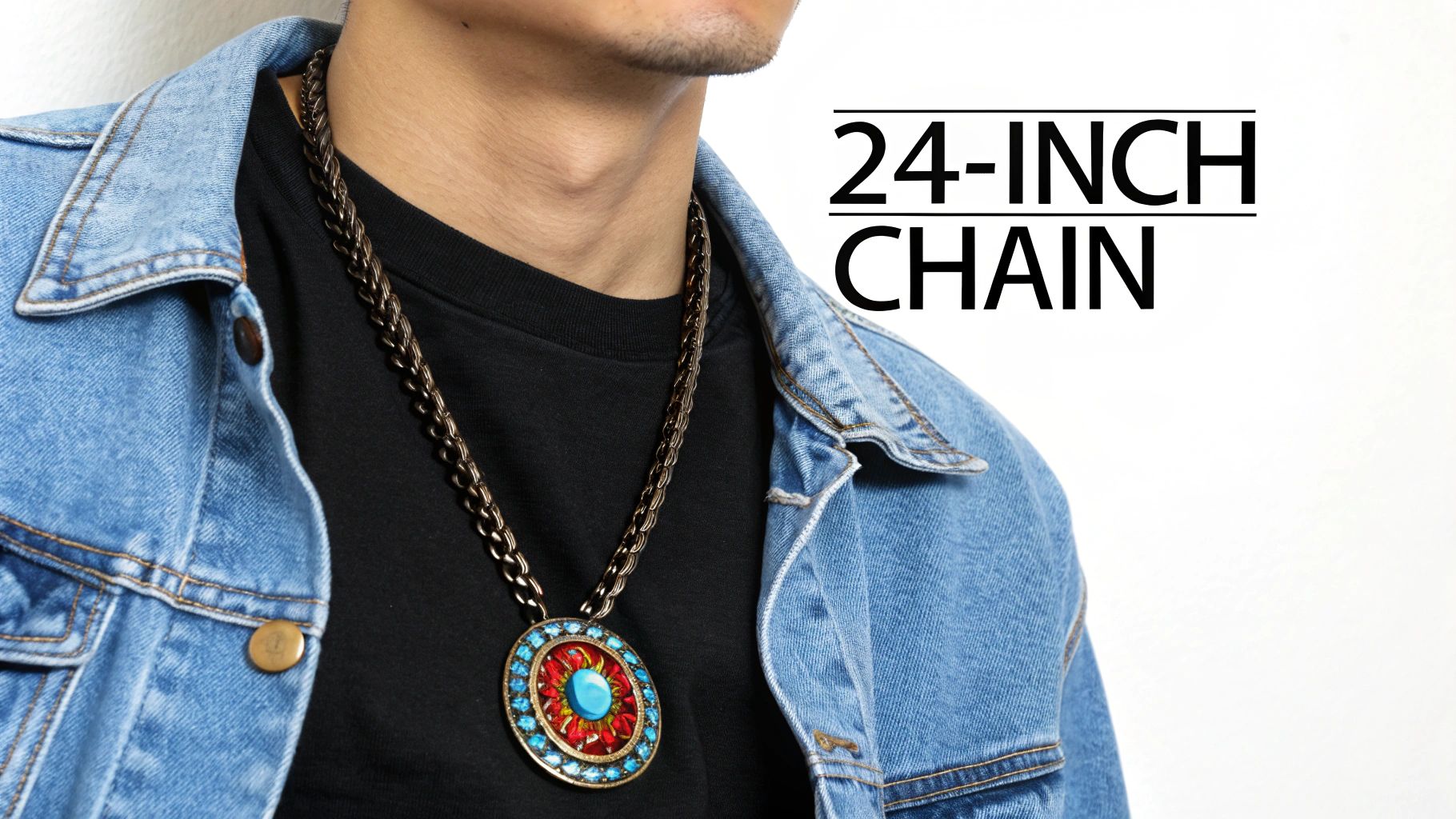 A man wears a 24-inch chain with a vibrant, round pendant over a black t-shirt and denim jacket.