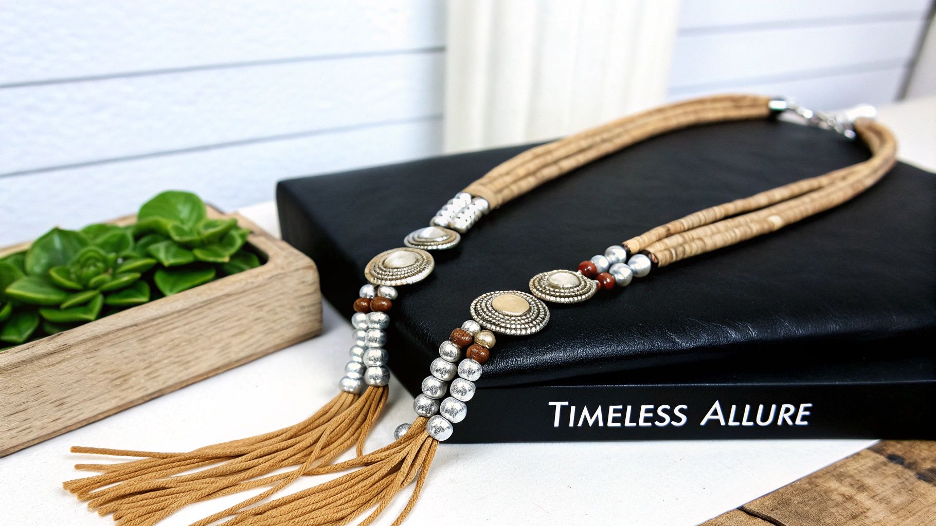 A long western beaded necklace with tan cords, silver accents, and tassels rests on a black book.