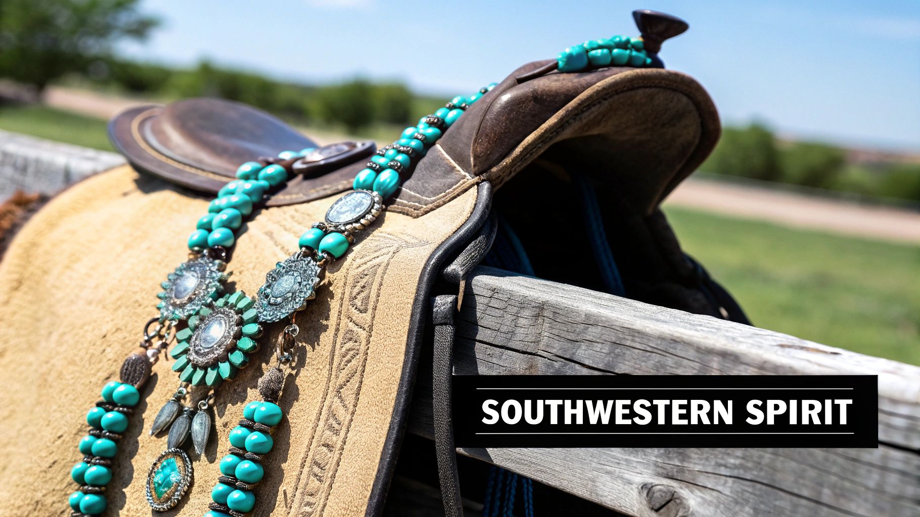 Turquoise concho jewelry draped over a western saddle on a rustic fence under a clear sky.