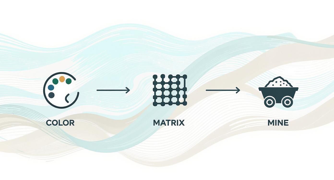 A three-step infographic showing a painter's palette for COLOR, a grid for MATRIX, and a mine cart for MINE.
