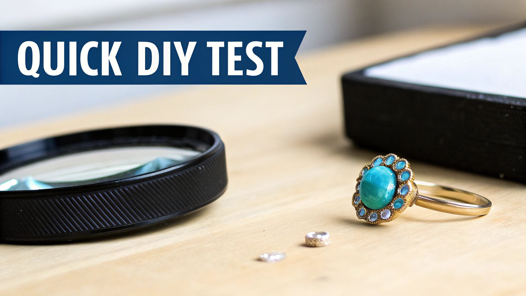 A gold ring with turquoise and blue stones, a magnifying glass, and a 'QUICK DIY TEST' banner for jewelry.