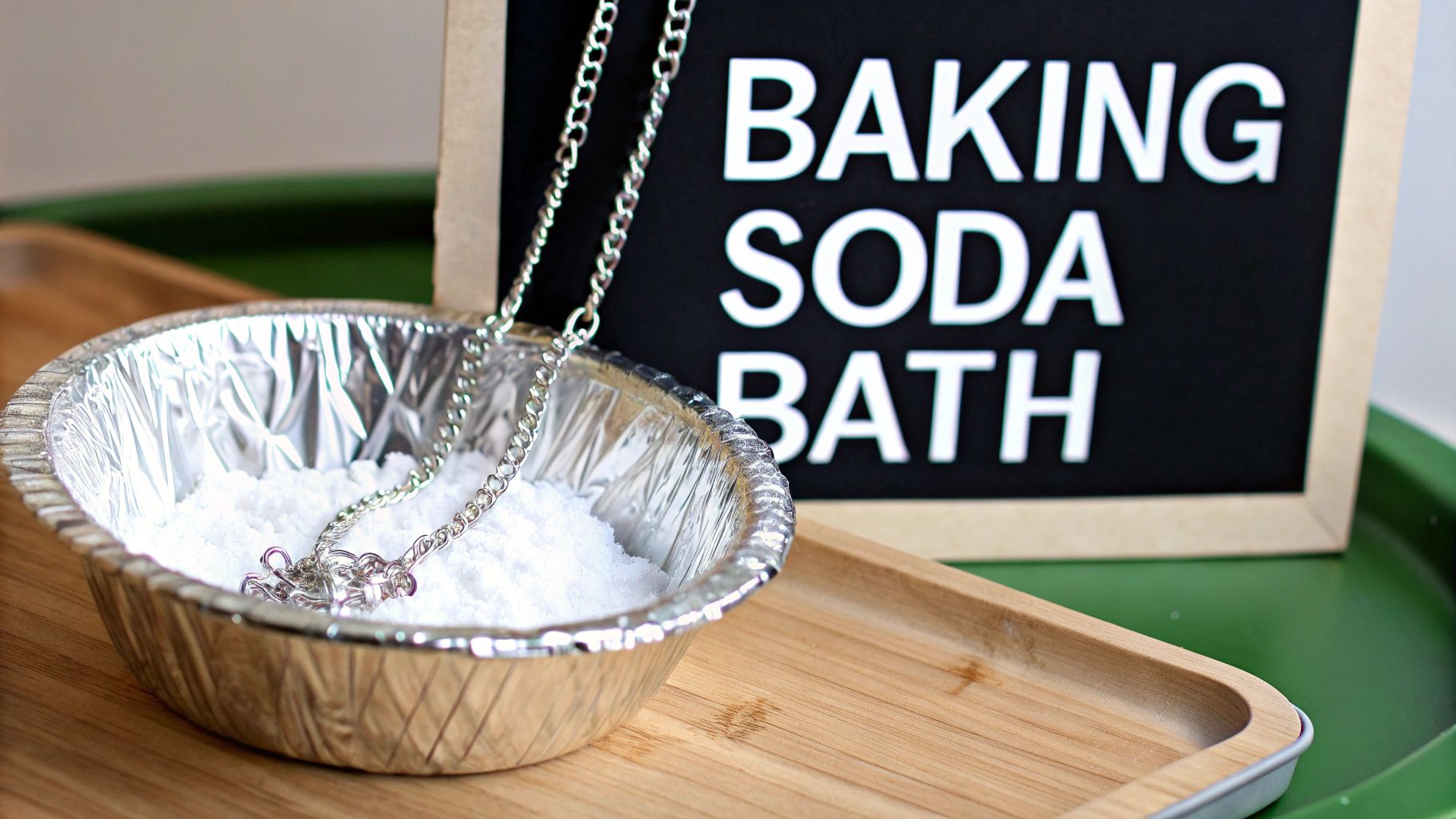 A sterling silver chain being cleaned using the baking soda and aluminum foil method in a bowl.