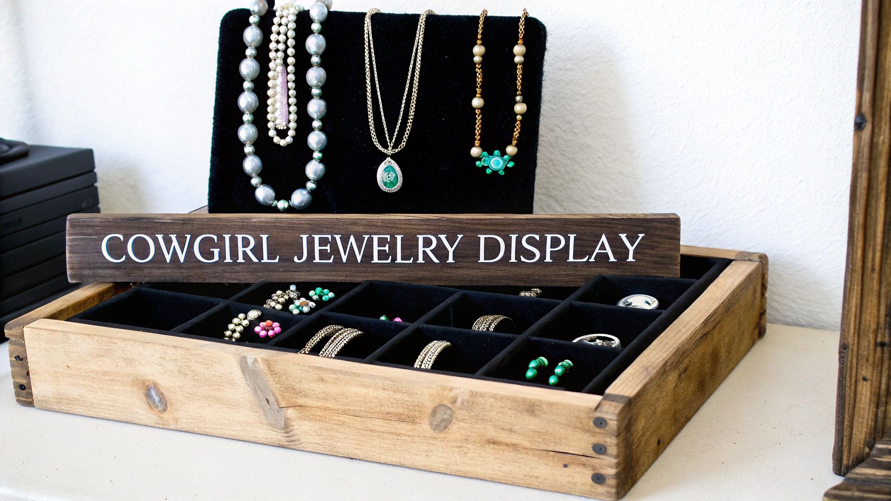 Rustic wooden cowgirl jewelry display box with necklaces, rings, and earrings on a white surface.