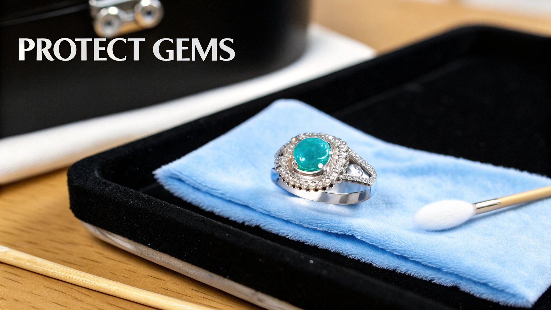 A teal gemstone ring with diamonds on a blue cloth in a black jewelry tray, next to a soft brush. Text: PROTECT GEMS.