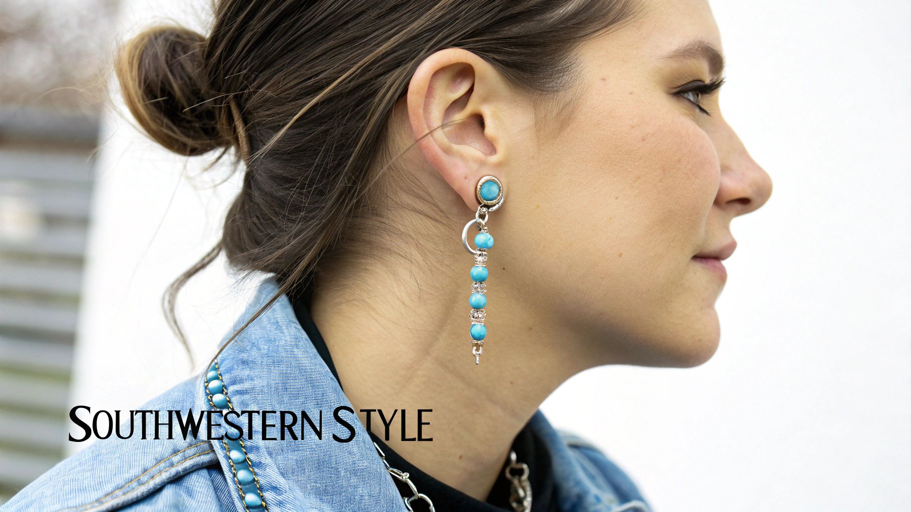 Side profile of a woman wearing a denim jacket and a long dangling sterling silver earring with turquoise beads.