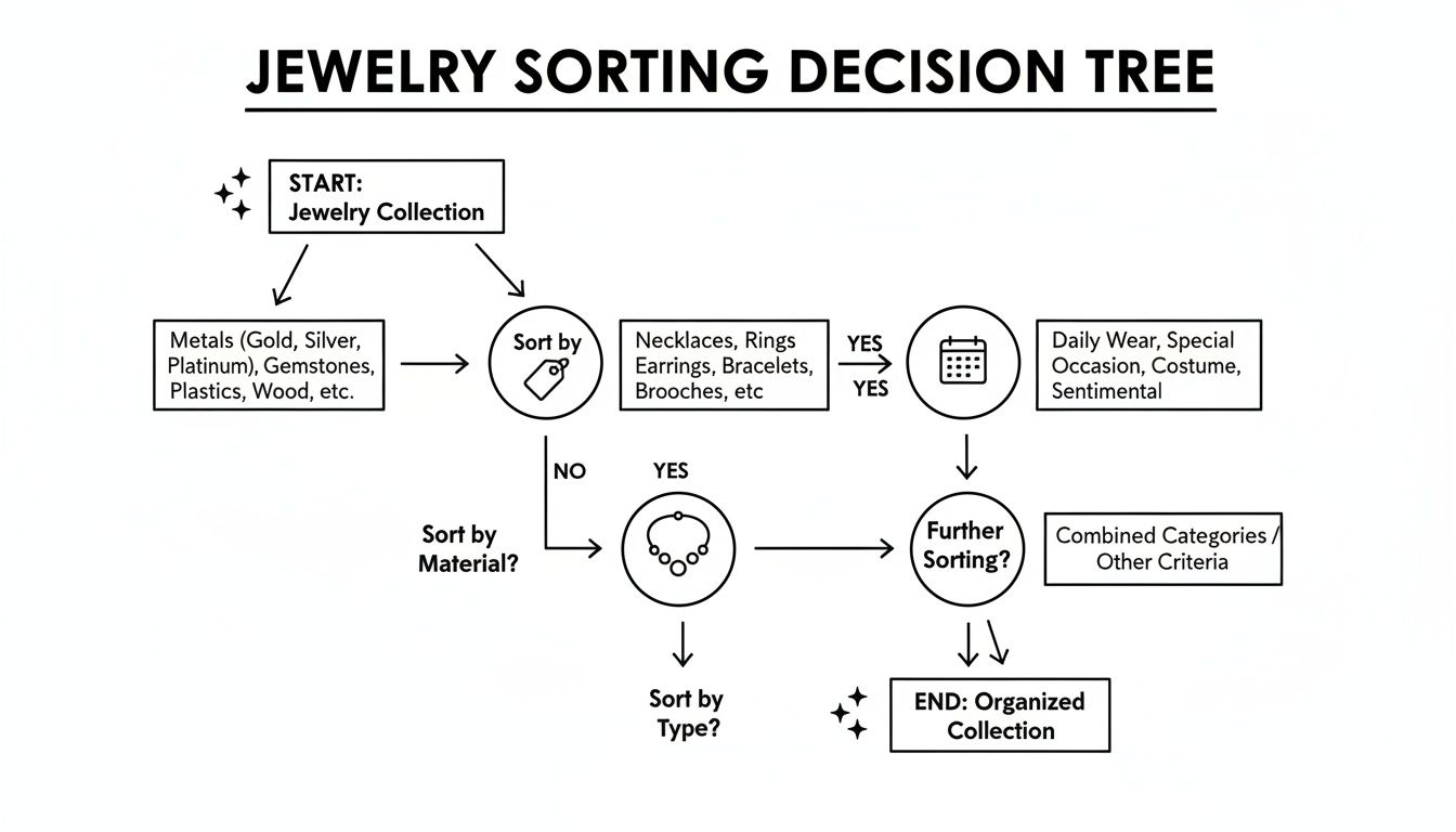 Jewelry sorting decision tree flowchart explaining how to organize different types of jewelry by material and use.