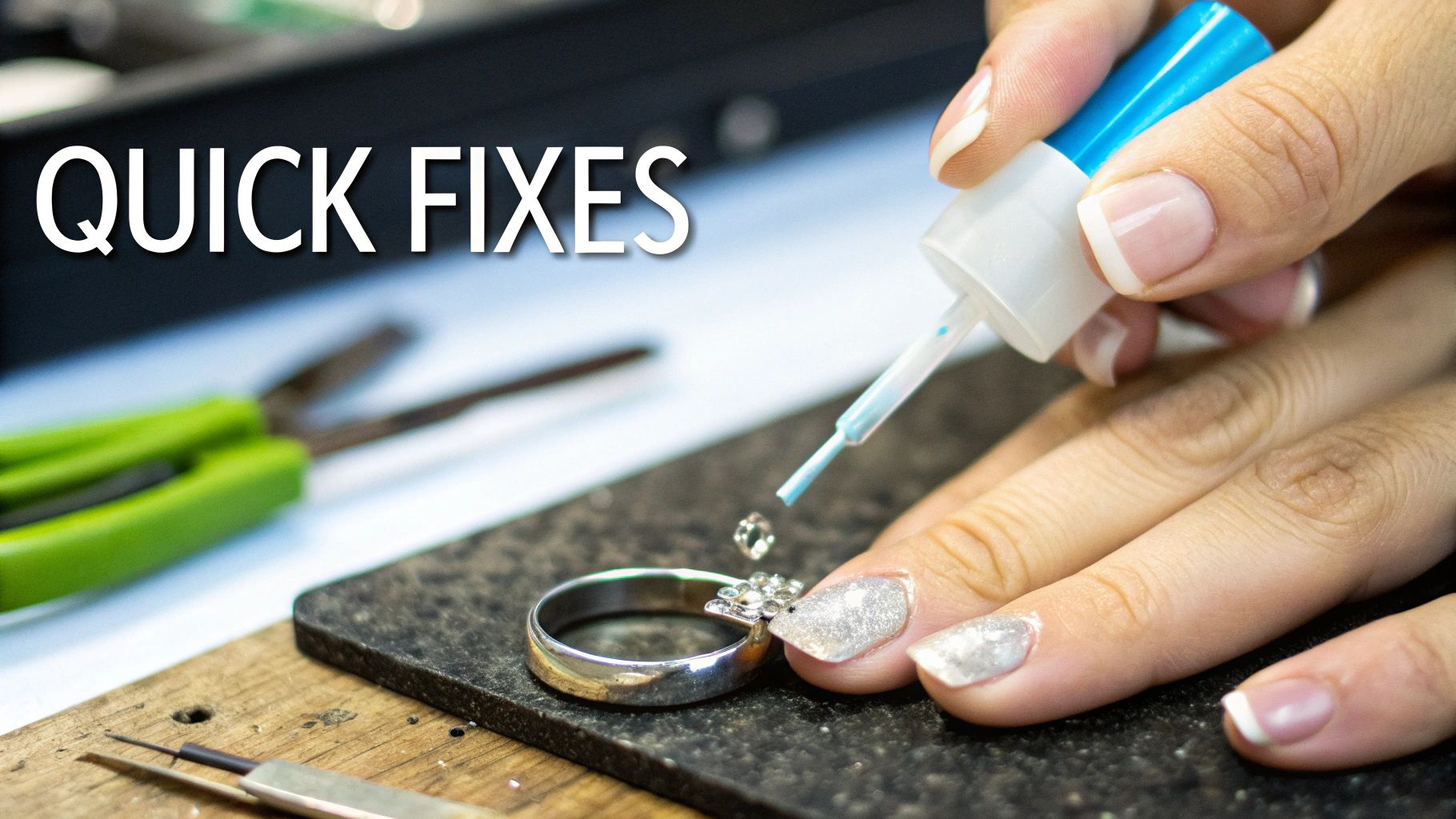 A person's hands applying glue to a silver ring with small gemstones, representing quick jewelry repair.